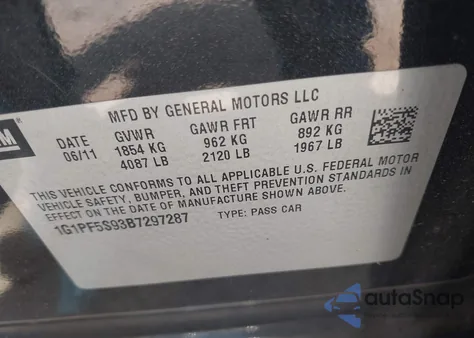 2011 Chevrolet Cruze 1Lt z USA, uszkodzony, nr VIN 1G1PF5S93B7297287